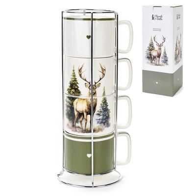 Set 4 tazze cervo con supporto "Bosco incantato"