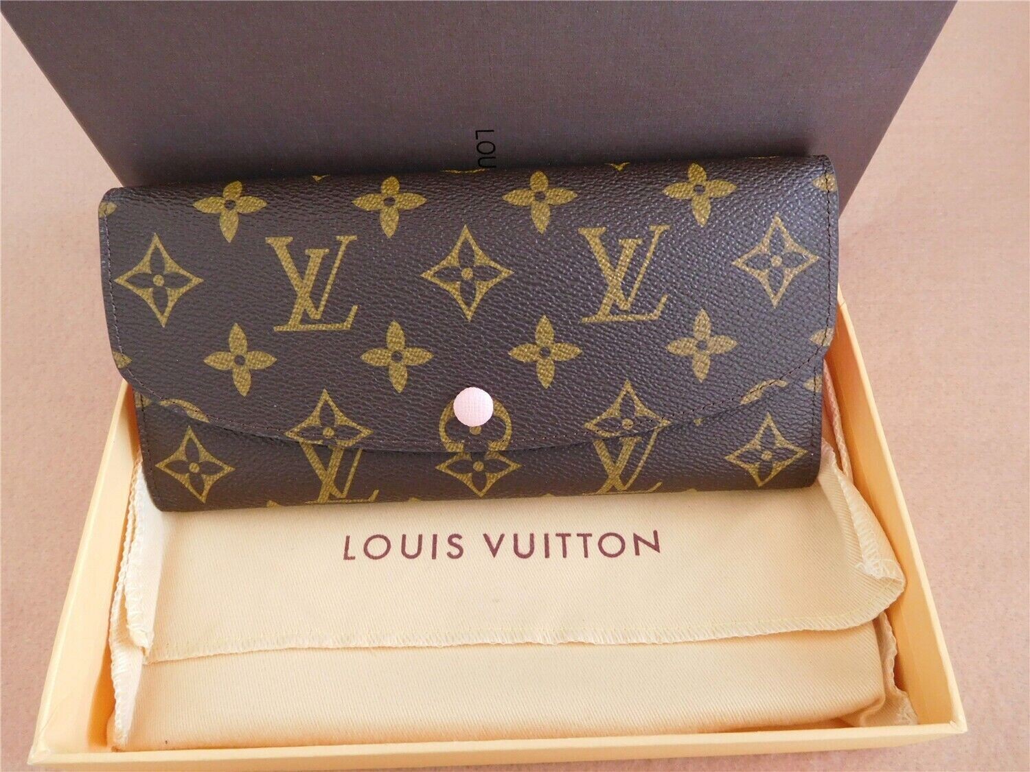 LOUIS-VUITTON Auth PINK Brown Monogram Canvas Emilie Long Wallet