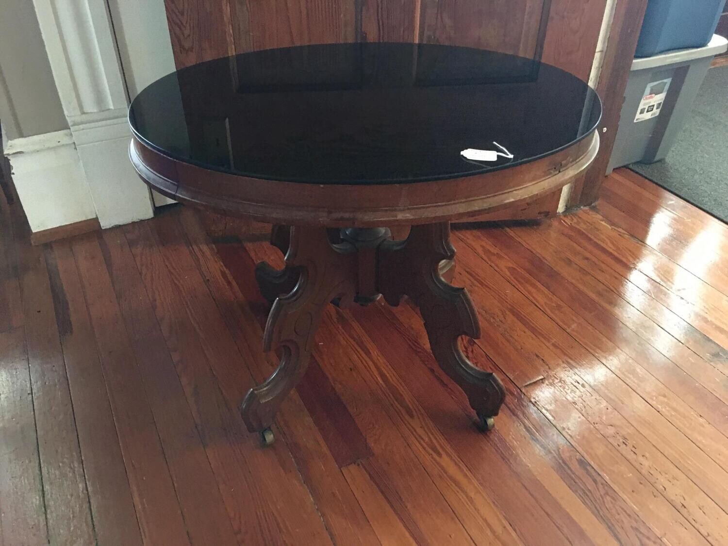 Antique Accent Table with wheels and black glass