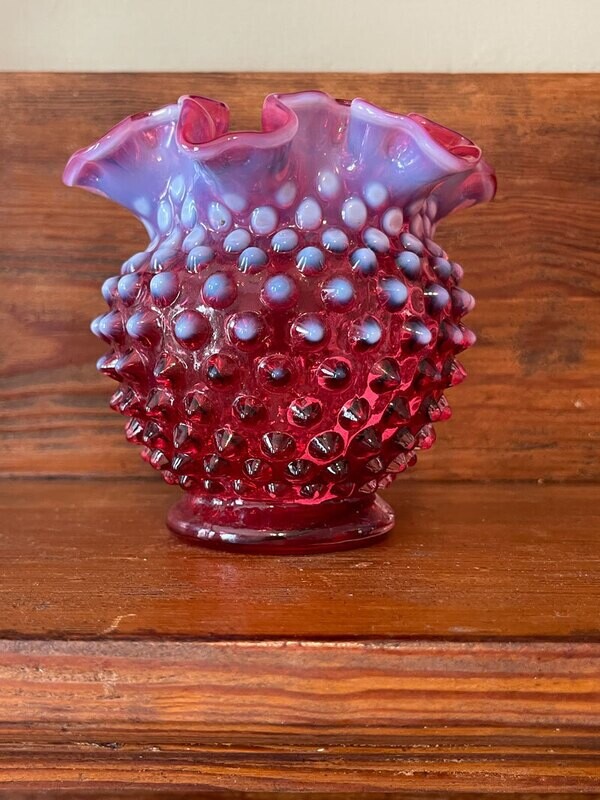 Fenton Cranberry Hobnail ruffled edge vase