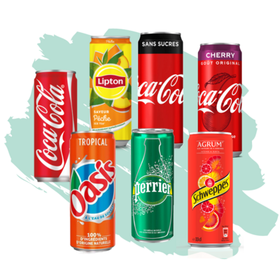 Palette Coca, Fanta, Cherry, Oasis tropico, Perrier, Lipthon, Orangina...etc 33 cl