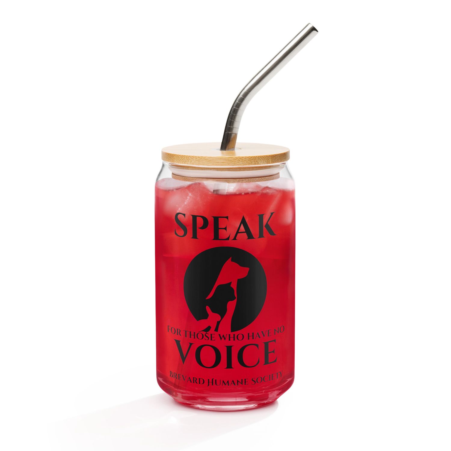 "Speak for those who have no voice" Can-shaped glass