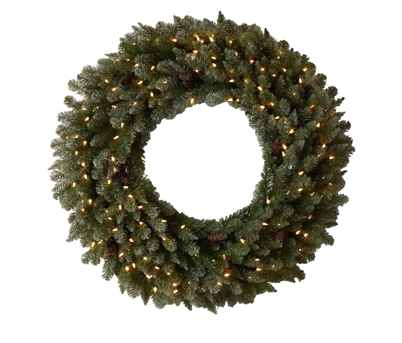4’ Large Flocked Christmas Wreath With Pinecones, 150 Clear LED Lights And 330 Bendable Branches