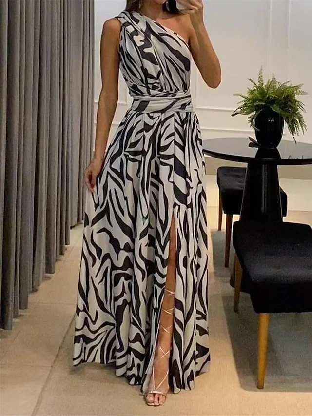 Women&#39;s Long Dress Maxi Dress Party Dress Swing Dress A Line Dress Graphic Fashion Streetwear Party Date Backless Split Sleeveless One Shoulder Dress Regular Fit Black Blue Winter Fall S M L XL #94274