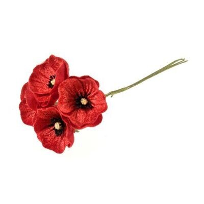 One Bunch of Four Small Red Velvet Poppies