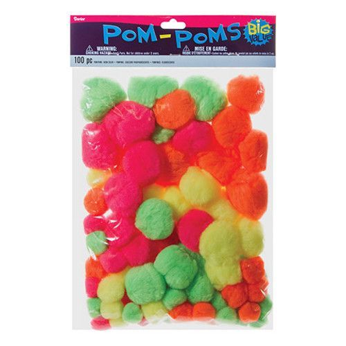 Pack of 100 Assorted Colour and Size Neon Pom Poms