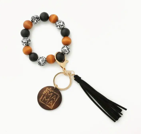 Leopard Wood Beads Mama Keychain