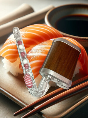 Tinymight J Hook With Salmon Nigiri Themed Cooling Marbles, Cooling Spikes, A Tapered Mouthpiece, And A Salmon Nigiri Attachment Made By @EricDuyette