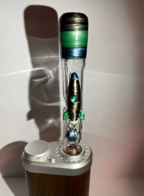 Tinymight Stem With Electrum, Chromium, And Neptunium Color Stacked On The Mouthpiece, Matching Marbles, And A Matching UV Reactive Rocket Attachment Made By @EricDuyetteGlass