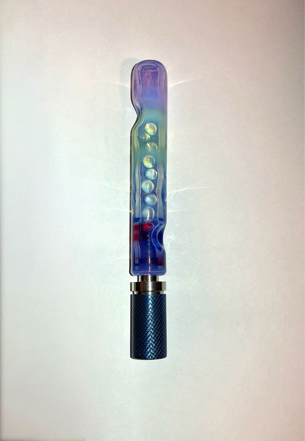 Titanium Anodized Blue Stunner Butane Device Filled With 3mm Rubies + Encalmo Stem Set With Cooling Marbles And Cooling Spikes