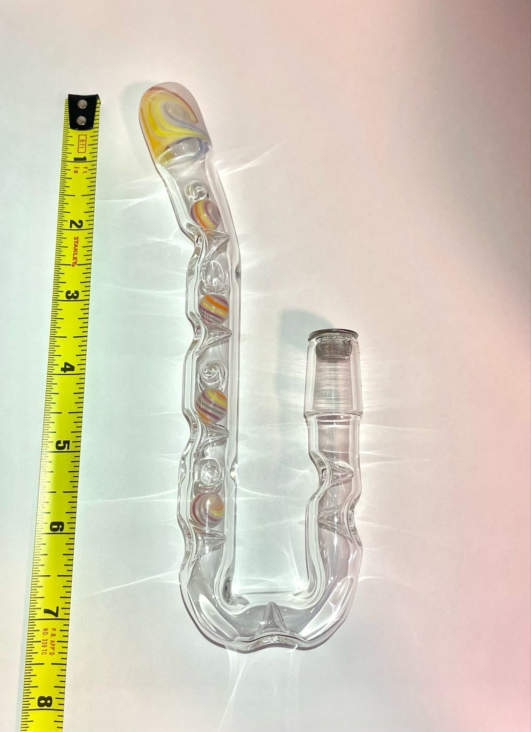 UV Reactive Tetra P80 U Hook With White Satin, Siberia, Acid Yellow, Lava, And Spring Purple Swirled Cooling Marbles And A Matching Spiral Mouthpiece