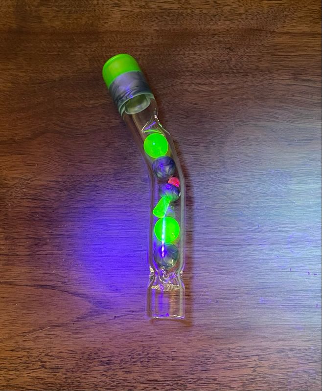 Tinymight 2 Bendy Stem With UV Reactive Green Ion Cooling Marbles And Chromium Cooling Marbles Alternating, A Matching Mouthpiece, And A Matching Internal UFO Made By @EricDuyetteGlass Tinymight 2 Bendy Stem With UV Reactive Green Ion Cooling Marbles And Chromium Cooling Marbles Alternating, A Matching Mouthpiece, And A Matching Internal UFO Made By @EricDuyetteGlass
