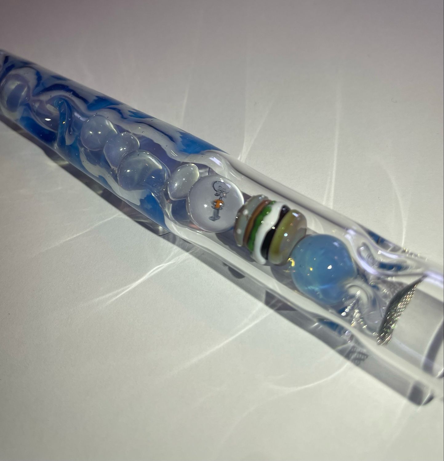 Tinymight 14mm WPA Stem With An O Zone Cooling Marble, A Matching Mouthpiece/Joint, A Squidward Milli, And An Internal Cheeseburger Made By @EricDuyetteGlass