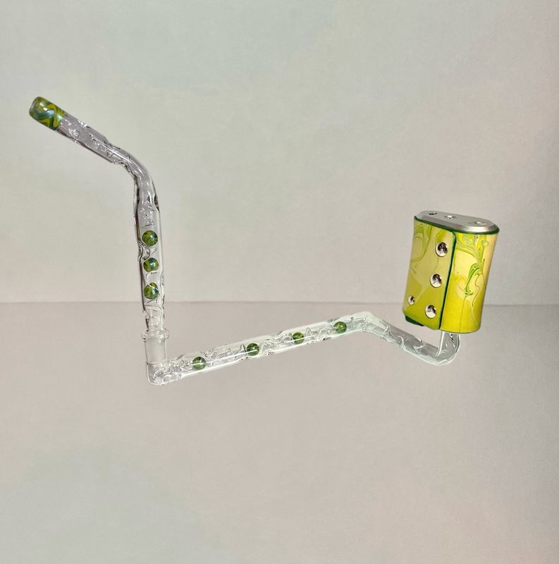 Tinymight L Hook And Leather Sleeve Set With Acid Yellow, Neptunium, And Chromium Swirled Cooling Marbles, Cooling Spikes, A Matching Tapered Mouthpiece, And A Removable 14mm Giraffe Stem Tinymight L Hook And Leather Sleeve Set With Acid Yellow, Neptunium, And Chromium Swirled Cooling Marbles, Cooling Spikes, A Matching Tapered Mouthpiece, And A Removable 14mm Giraffe Stem