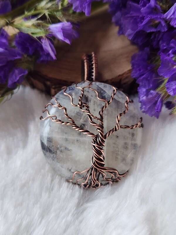 Rainbow Moonstone Tree of Life copper pendant