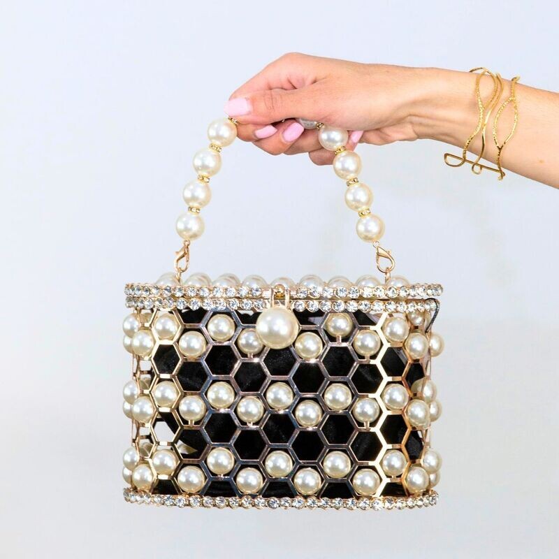 Bolso Ovalado Perlas Negro