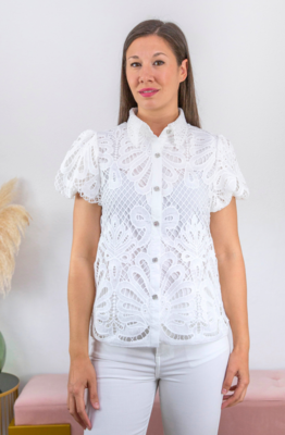 Blusa Perforada Botón Joya Blanco