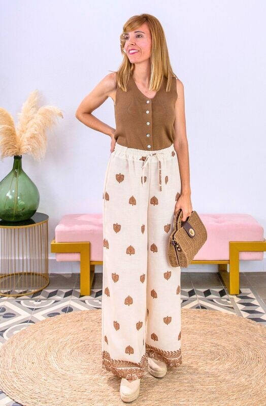 Pantalón Beige Brocado Camel