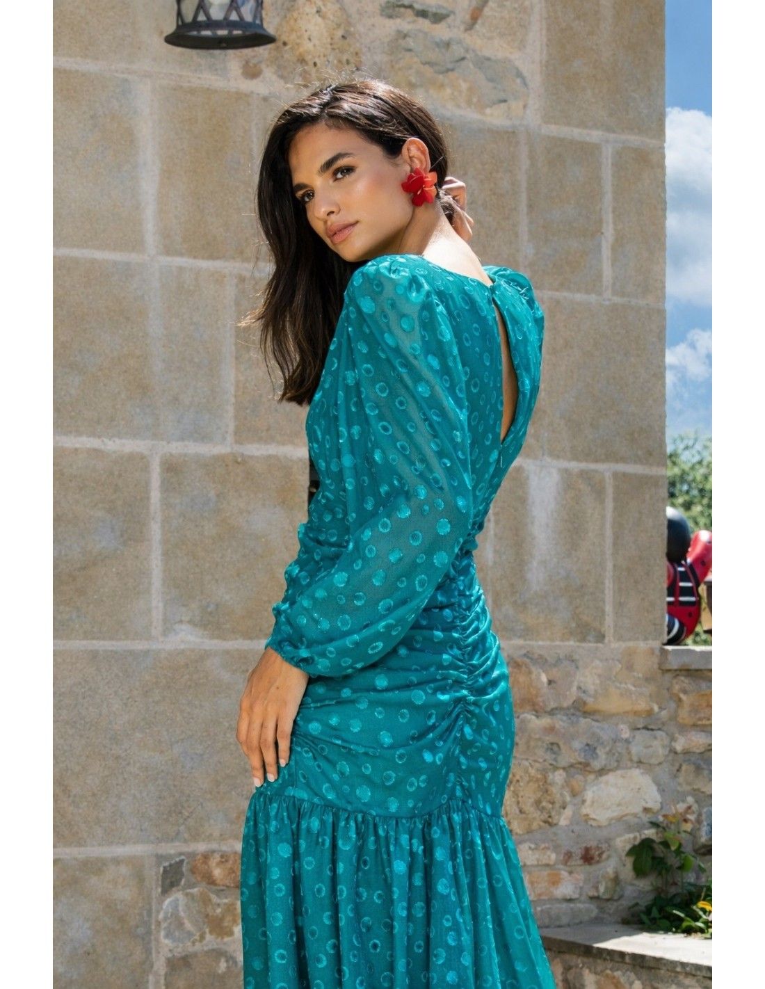 Vestido Gasa Drapeado TURQUESA-BETZZIA
