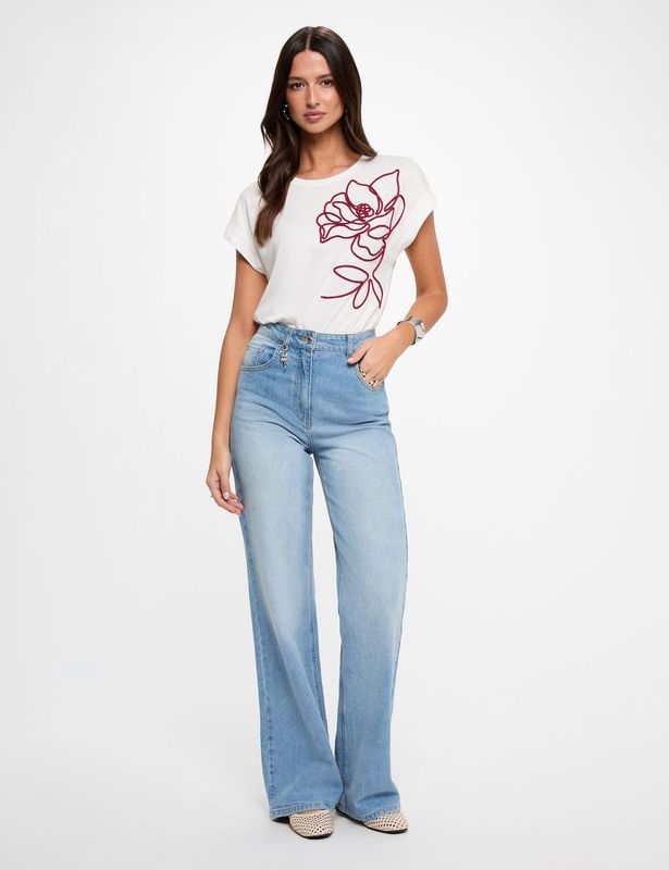 Camiseta bordado floral Blanca -MORGAN