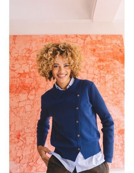 Jersey de punto azul con cuello camisero y detalle de botones-HONGO
