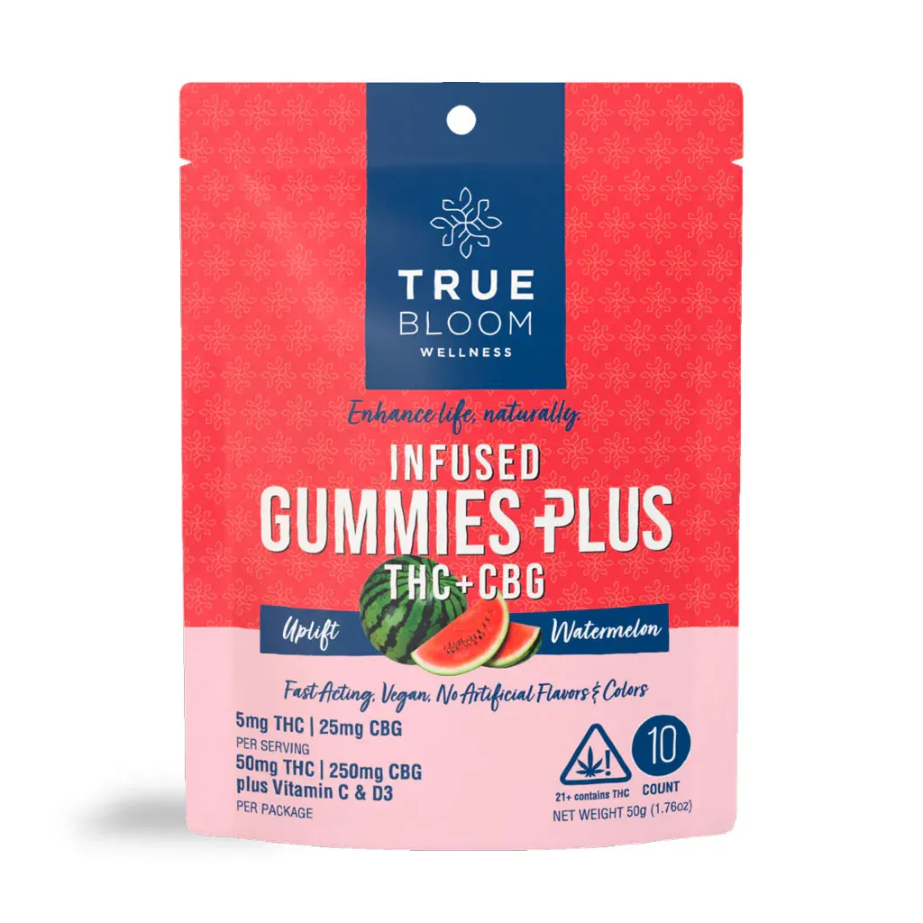 True Bloom Wellness Cannabis Infused Gummies Plus-Uplift-Watermelon 10 Count Bag
