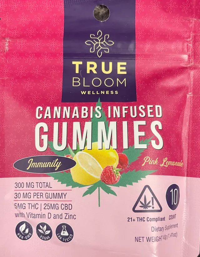 True Bloom Wellness Cannabis Infused Gummies Plus-Immunity-Pink Lemonade 10 Count Bag