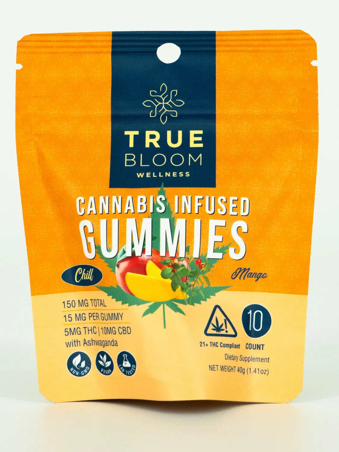 True Bloom Wellness Cannabis Infused Gummies Plus-Calm-Mango 10 Count Bag