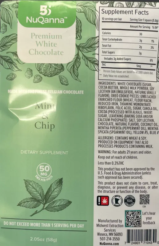 NuQanna Premium Chocolate Bars Mint & Chip - 50MG D9 THC