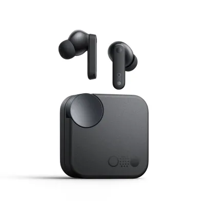 Nothing Buds wireless earbuds and charging case in black, sleek design with compact earbuds and a square-shaped charging case with buttons.