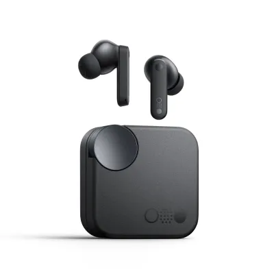 Nothing Buds wireless earbuds and charging case in black, sleek design with compact earbuds and a square-shaped charging case with buttons.