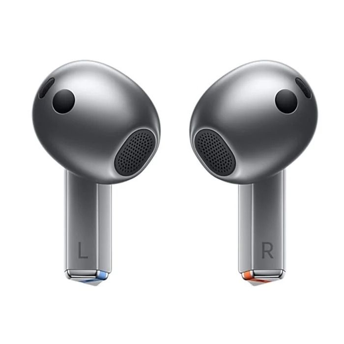 Samsung Galaxy Buds 3, metallic gray earbuds with L and R markings, showing sleek design and black speaker grills on a white background.