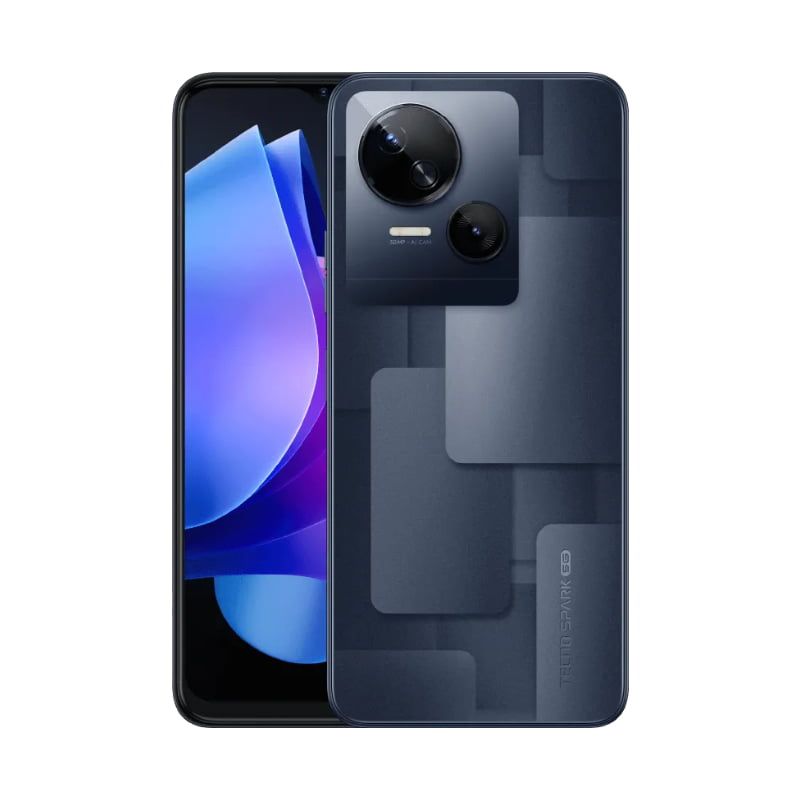 Tecno Spark 10 5G smartphone in dark blue, 256 GB, dual camera, 6.6-inch display, front and back view.