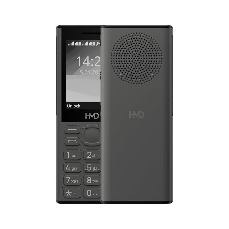 Black HMD 130 Music feature phone with 2-inch display, keypad, and speaker grille, showcasing sleek and compact design with HMD logo.