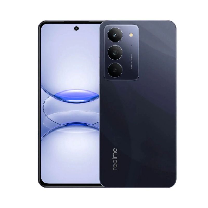 Realme C75x 4G 128GB smartphone in dark blue color showing front and back sides with triple camera setup and 6.67-inch display.