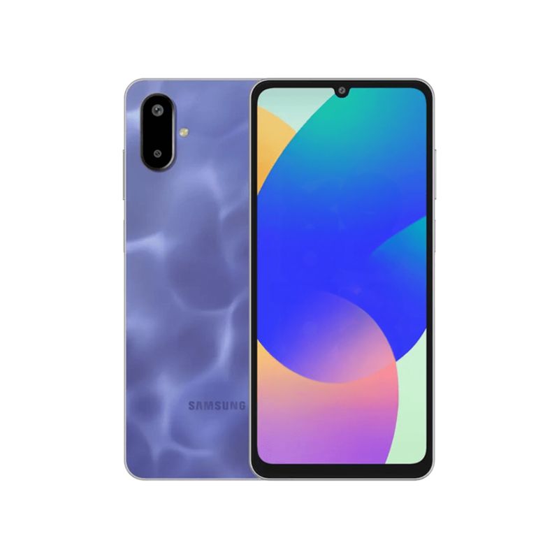 Samsung Galaxy F06 5G 128GB purple smartphone, front and back view, 6.7-inch display, dual camera, sleek design, premium feel.