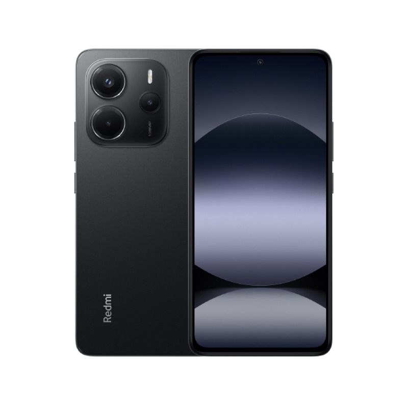 Redmi Note 15 4G smartphone in black, front and back view, featuring dual cameras and a sleek design with the Redmi logo.
