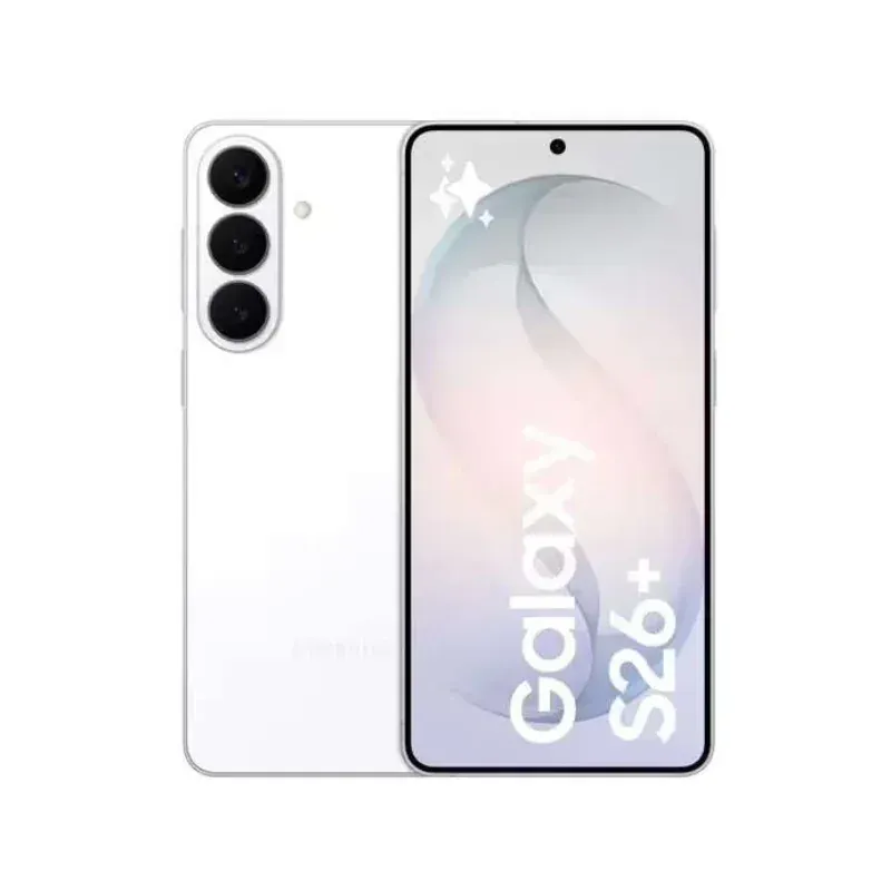 Samsung Galaxy S26 Plus 5G, white color, dual view showing front and back, 6.7 inches Dynamic LTPO AMOLED 2X display, triple camera setup.
