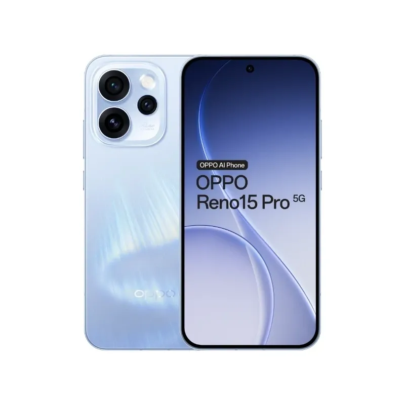 Oppo Reno15 Pro 5G, Aurora Blue, triple camera setup, 6.32-inch AMOLED display, Oppo logo, showcasing front and back.