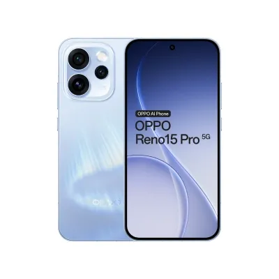 Oppo Reno15 Pro 5G, Aurora Blue, triple camera setup, 6.32-inch AMOLED display, Oppo logo, showcasing front and back.