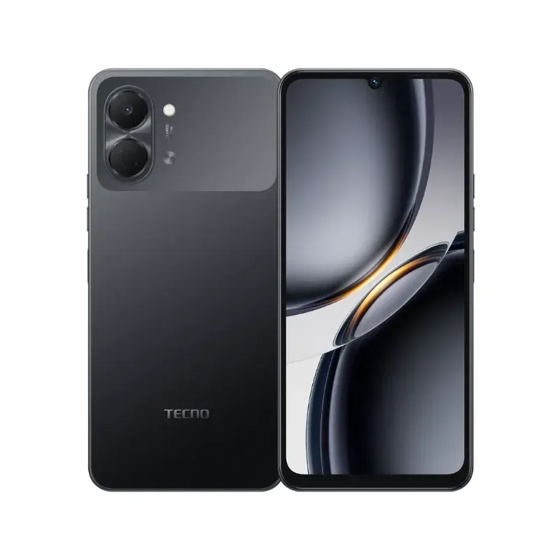 Tecno Pop 20 smartphone in Ink Black, 64GB storage, 4GB RAM, dual rear camera, 6.75-inch HD+ display.