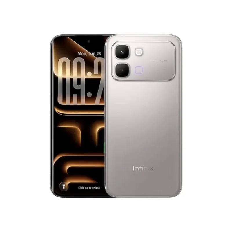 Infinix Note Edge 5G silver smartphone with dual cameras and 6.67-inch display, featuring Infinix branding on the back.