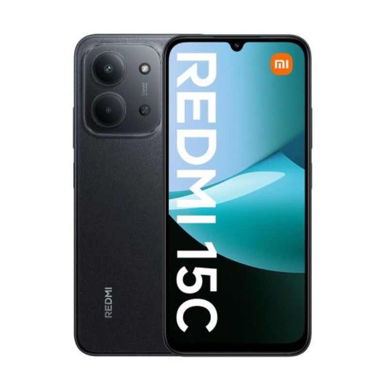 Redmi 15C 4G smartphone Midnight Gray color, dual 50MP rear cameras, 6.9-inch display, and Redmi branding on back and screen.
