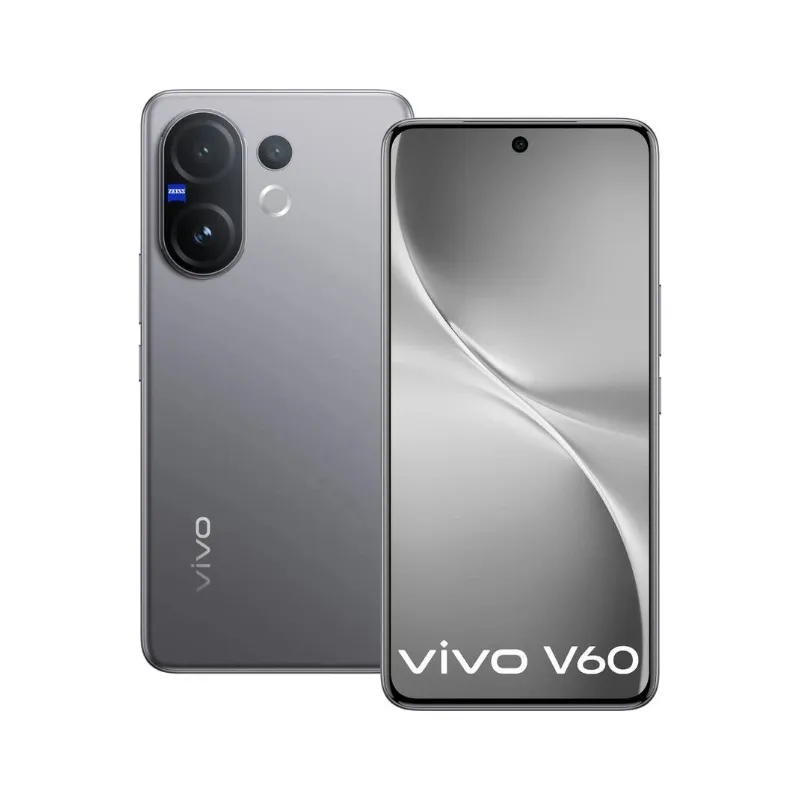vivo V60 5G smartphone, two sleek gray devices, one showing front with curved screen and the other back with dual camera lenses and vivo logo.