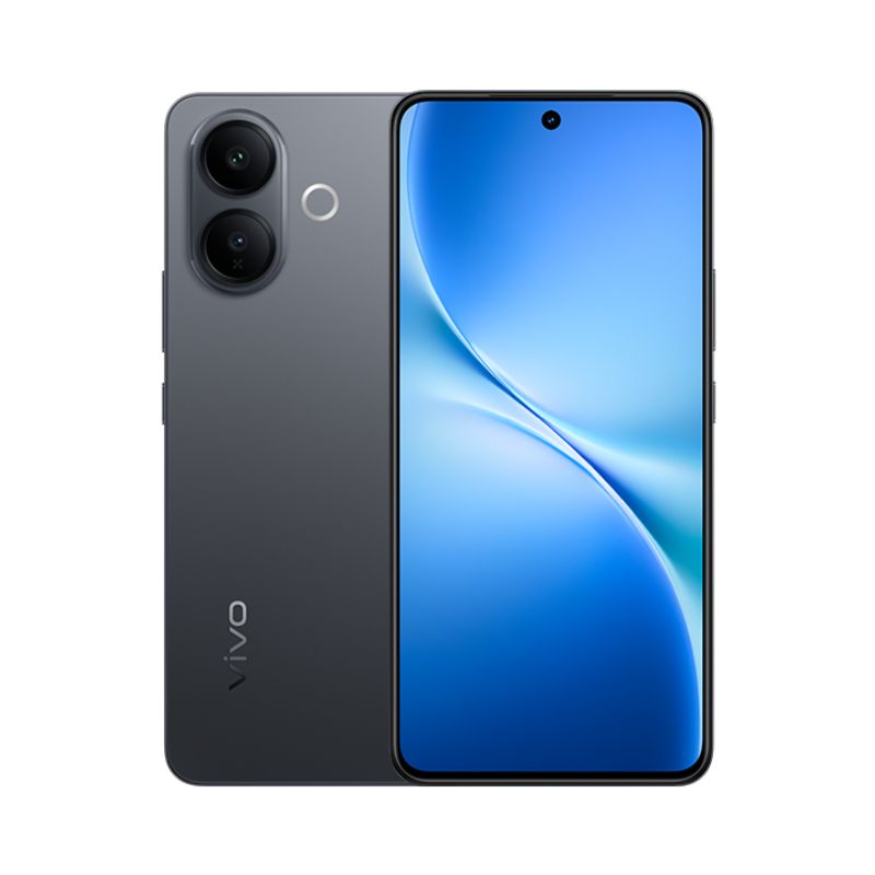 Vivo V60 Lite 5G smartphone in gray, dual 50MP rear cameras, 6.77-inch AMOLED display, Vivo logo visible, with blue screen background.
