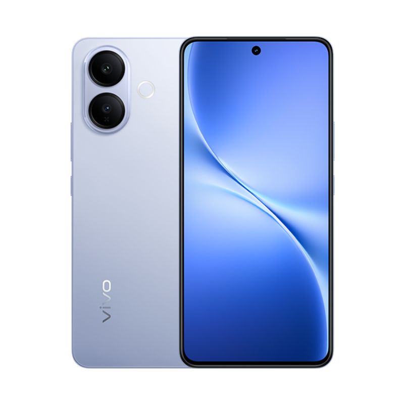 Vivo V60 Lite 4G blue color variant, dual 50MP rear cameras, 6.77-inch AMOLED display, and Vivo branding on the back.
