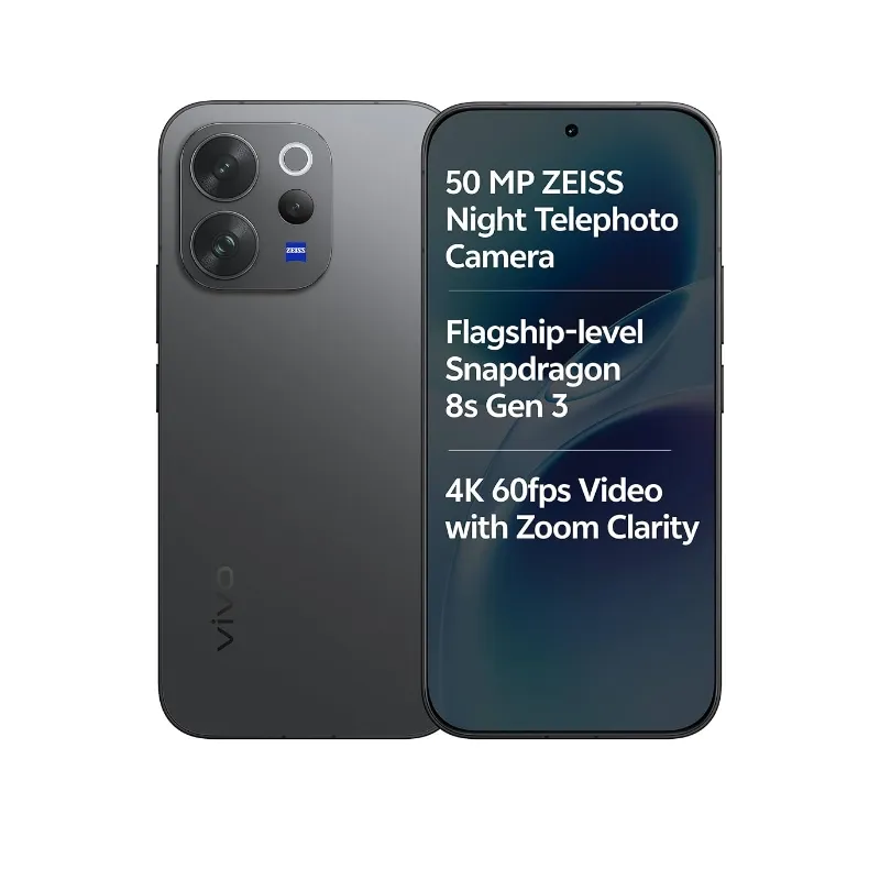 Vivo V70 5G smartphone, dark gray color, dual camera setup, 50MP ZEISS Night Telephoto Camera, Snapdragon 8s Gen 3, display on right.