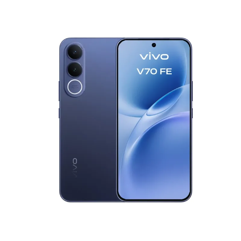 Vivo V70 FE 5G smartphone in blue, front and back view, featuring 6.83-inch AMOLED display, triple camera setup, and sleek design.