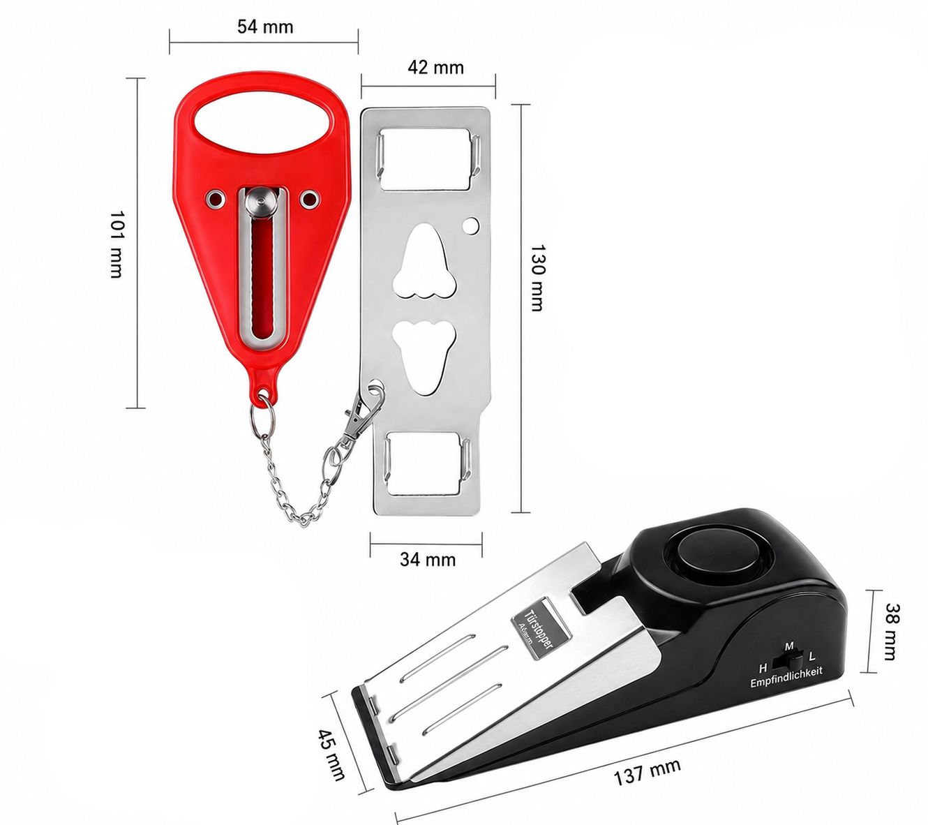 Sicherheits-Doppelset – Türschlosskette & Türstopper mit Alarm Sicherheits-Doppelset – Türschlosskette & Türstopper mit Alarm