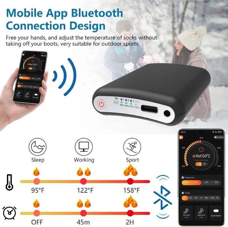 Mobile App Controlled 5V 5000mAh Rechargeable Battery for Heated Socks, Gloves, Insoles, Cooling Hats and Vests